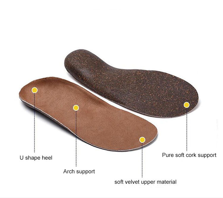 Cork material full length shoe insole foot care U shape heel protection arch support Orthotic flat foot 